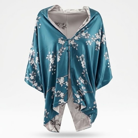 Sweaters - Reversible Mulberry Shawl 100% Silk Womens OS Floral Satin Kimono Botanical